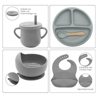 Silicone Baby Feeding Set Moon Gray Infant Tableware Collection with Bib Suction Bowl Utensils Straw Cup Snack Container - color: Moon Gray