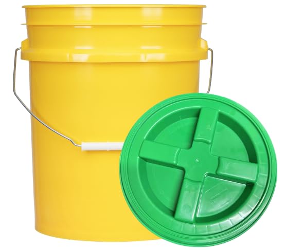 House Naturals 5 Gallon Plastic Yellow Food Grade BPA Free Made in USA Bucket Pail with Air Tight Double Gasket Screw on Lid(Pack of 3) (Yellow and Green lids) - color: Yellow and Green Lids