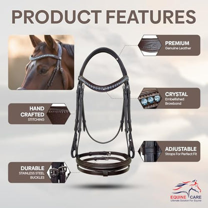 Equine Care English Horse Bridle with Reins, Padded, 6 Browband Styles - color: Havana Brown with Ice Blue Crystal