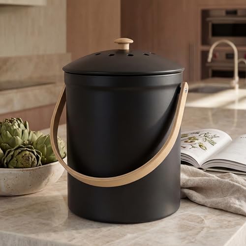 Beautiful Kitchen Compost Bin with Smell Proof Lid for Your Countertop - color: Black