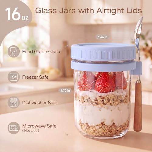 16oz Glass Overnight Oats Containers with Lids and Spoons, 6 Pack Blue - color: Blue - 6 Pack