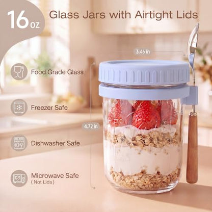 16oz Glass Overnight Oats Containers with Lids and Spoons, 6 Pack Blue - color: Blue - 6 Pack