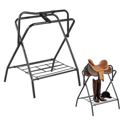 VEVOR Folding Saddle Rack, 2 Packs Freestanding Horse Saddle Stand, Portable Horse Blanket Holder, Heavy Duty Steel Saddle Rack for English & Western Saddles, Tack Storage, 28 x 19 x 37.5 in, Black - style: Folding Saddle Rack-2 Pcs