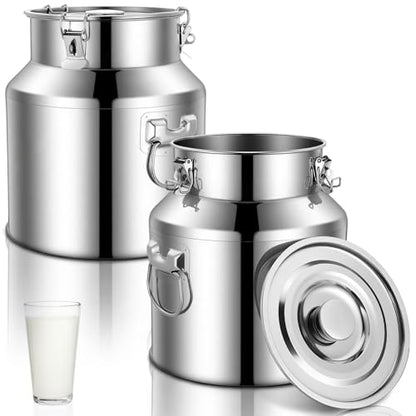 FillTouch 2 Pcs Stainless Steel Milk Can 22L with Sealed Lid for Storage | Heavy Duty Metal Locking Sealed Lid, Multi-Purpose for Water Wine Oil Milk Storage, Ideal for Farm Kitchen Home Daily Use - size: 22l