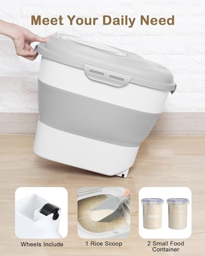 20-50 Lbs Airtight Food Storage Container Wheels,Collapsible Rice Container - color: Grey/20-50LBS