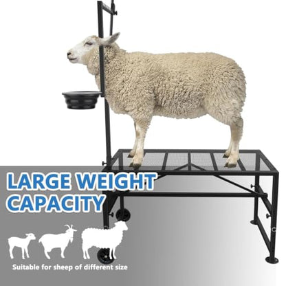 Upgraded Goat Stand with Wheels & Feed Bin, Adjustable Headpiece - color: Black, size: L - 47 inch (with Wheel)