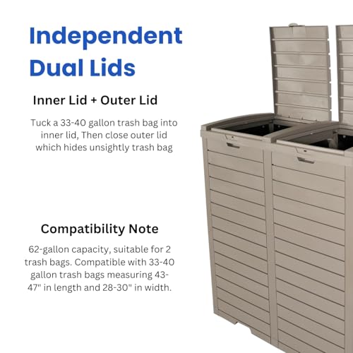 BTEXPERT 62 Gallon Outdoor Garbage Trash Can, Waterproof Resin Double Lid Drip Tray, Outside Trash Bin for Hideaway Patio Waste, Kitchen, Backyard, Deck, Pool Gray - size: 1 Pack