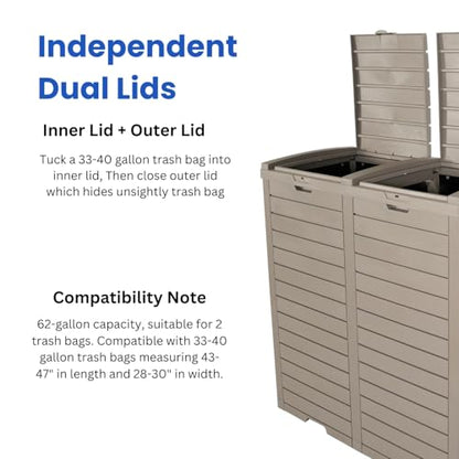 BTEXPERT 62 Gallon Outdoor Garbage Trash Can, Waterproof Resin Double Lid Drip Tray, Outside Trash Bin for Hideaway Patio Waste, Kitchen, Backyard, Deck, Pool Gray - size: 1 Pack