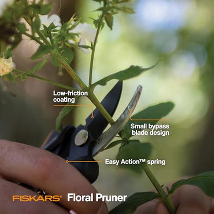 Fiskars Floral Bypass Pruning Shears, Garden Clippers for Deadheading | 1/2" Cut Capacity, Ideal for Cutting Flowers, Low-Friction Coated Steel Blades, Stem Stripper and Wire Cutter - style: Floral Pruner