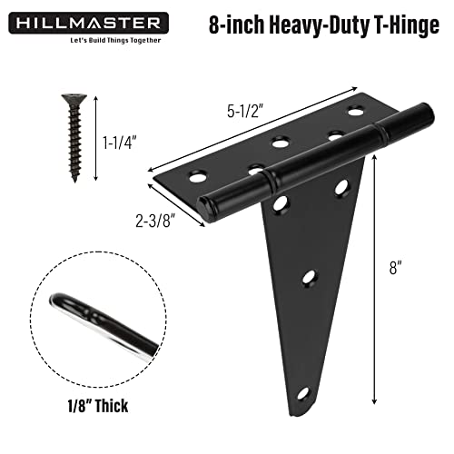 HILLMASTER 8 Inch T-Strap Heavy Duty Shed Door Hinges Gate Strap Hinges Black Tee Hinge Wrought Hardware for Wooden Fences,Yard,Barn Door,Rustproof (6 Pack) - size: 8in 6Pack