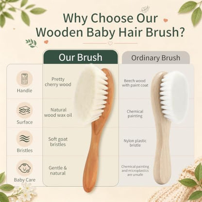 Wooden Baby Hair Brush, No Chemical Painting Infant Hair Brush | All Natural & Safe, Cherry Wood, Soft Goat Bristles, Wood Wax Oil, Prevent Cradle Cap, Exquisite Gift for New Parents