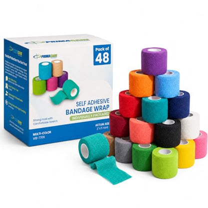 Primacare WB-7709 Self Adhesive Bandage Wrap 48 Pack, 2” x 5 Yards Cohesive Elastic Bandage Wrap, Multi Color Self Adherent Athletic Wrap Tape for Wrist, Ankle, Sports, First Aid, Vet and Pet Care