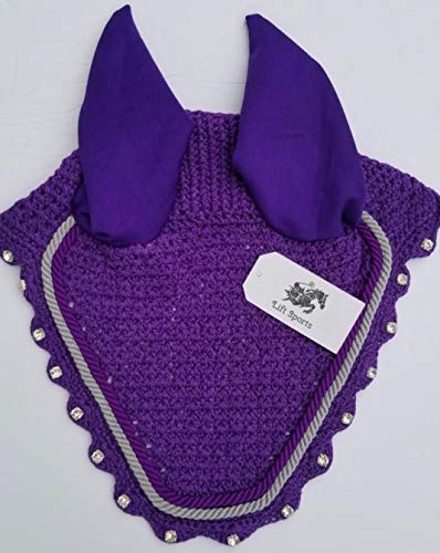 Horse Fly Bonnet with Ears Net Mask Veil with Crystals Blings Hand Made Breathable Cotton Crochet Shows Protect from Bugs and Flies (Full, Black)