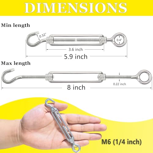 Turnbuckle Lsqurel 10PCS 304 Stainless Steel Turnbuckle Hook and Eye Heavy Duty M4 M6 M8 M10 Tensioner Adjustable Shade Sail Hardware for Tightening up Metal Cable Wire 5/32 1/4 5/16 3/8 - style: M6 - 10pcs