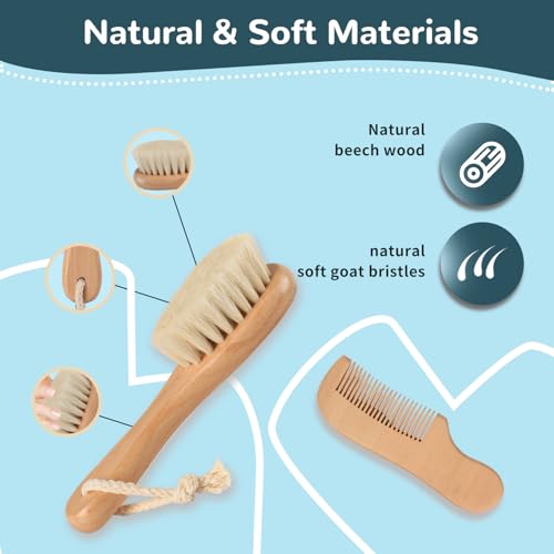 BOMUMVITA Baby Hair Brush and Comb Set with Soft Goat Bristle | Wood Baby Hair Brush Set for Newborns & Toddlers, Good for Cradle Cap, Boy, Girl Bath Essential
