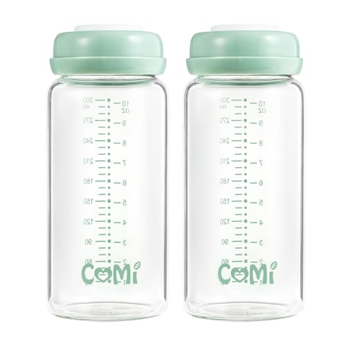 COMI Wide Neck Glass Breastmilk Collection n Storage Bottle, 2 Packs,10oz with Screw Ring Sealing Disk,Re-markable Sealing Disc,BPA Free,Fits Breast Pumps&Nipples(2 Green Lids) - style: 300ml 2Green
