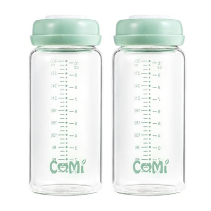 COMI Wide Neck Glass Breastmilk Collection n Storage Bottle, 2 Packs,10oz with Screw Ring Sealing Disk,Re-markable Sealing Disc,BPA Free,Fits Breast Pumps&Nipples(2 Green Lids) - style: 300ml 2Green