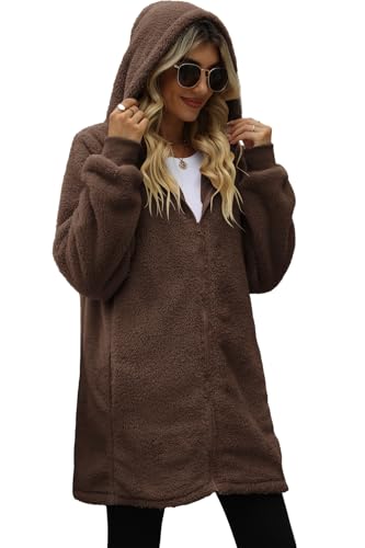 ReachMe Womens Fleece Zip Up Jacket with Pockets Oversized Long Sherpa Hoodie Fuzzy Jackets Warm Teddy Coat - color: 01 Chocolate Brown, size: Small