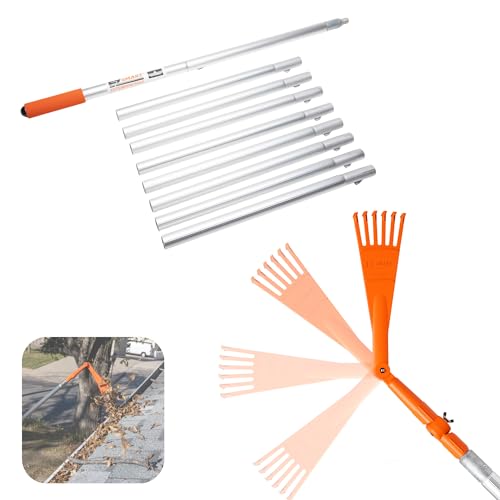 EZ Smart Mini Gutter Rake - 16 ft Pole - Clean Gutters Without a Ladder | Clears Stuck Leaves • Reaches Tough Spots • No Ladder Needed - size: Tool + 16 Foot Pole