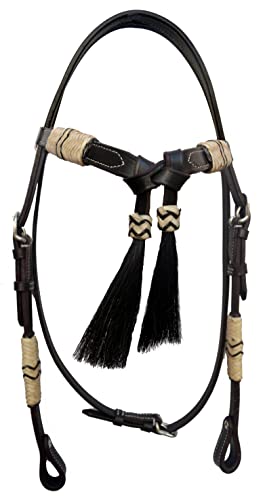 Western Horse Headstall Standard Size – Adjustable Hand Braided Genuine Leather Bridle with Brown Rawhide Knotting Futurity Knot Black Color Hair Tassels, Western Riding Tack, Dark Brown (Full Size) - size: Full