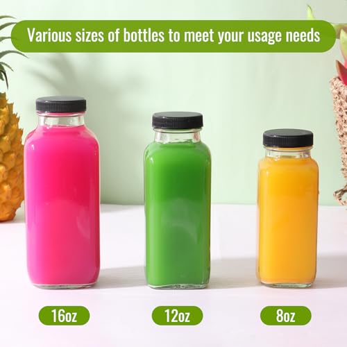 Glass Juice Bottles with Lids 12 oz, Reusable Glass Bottles 6 pcs, Square Juice Jars, Drink Containers with Caps for Smoothies, Kombucha, Beverages - size: 12 Ounces