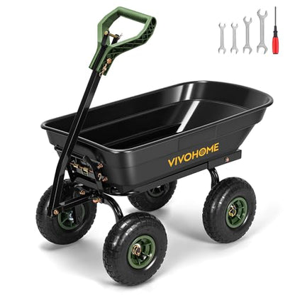 VIVOHOME 660lbs Wheelbarrow Dump Garden Cart with 2-in-1 Convertible Handle | Attach to ATV or Tractor, 10" All Terrain Wheels, Heavy Duty Utility Trailer for Yard - color: Green