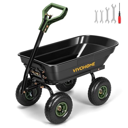 VIVOHOME 660lbs Wheelbarrow Dump Garden Cart with 2-in-1 Convertible Handle | Attach to ATV or Tractor, 10" All Terrain Wheels, Heavy Duty Utility Trailer for Yard - color: Green