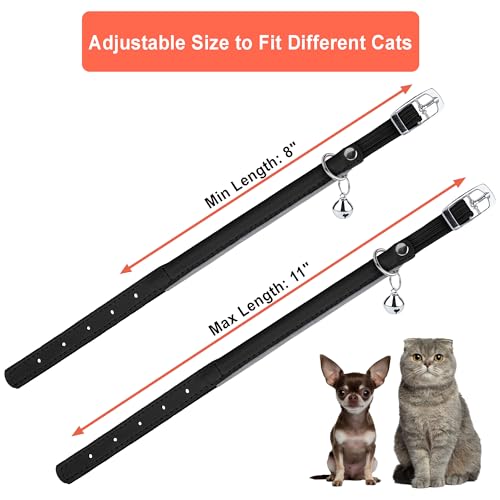 OOPSDOGGY Rolled Leather Cat Collar with Bell, Reflective Kitten Collars with Buckle Include Safety Elastic Strap - Adjustable Small Pet Collars for Boy Girl Cats (Black) - color: Black