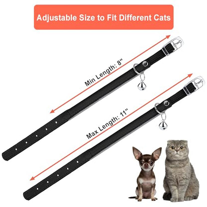 OOPSDOGGY Rolled Leather Cat Collar with Bell, Reflective Kitten Collars with Buckle Include Safety Elastic Strap - Adjustable Small Pet Collars for Boy Girl Cats (Black) - color: Black