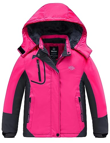 wantdo Girls Winter Ski Coat Fleece Snowboarding Jacket Waterproof 10000mm | Removable Hood, Chest Pocket, Fleece Lining, Windproof, Machine Washable - color: Rose Red, size: 8