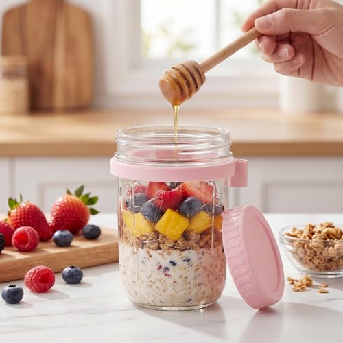 16oz Glass Overnight Oats Containers with Lids & Spoons, 6 Pack MultiColor - color: Misty Colors - 6 Pack