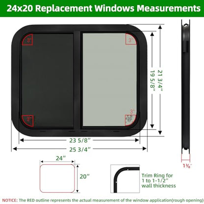 24"W x 20"H RV Windows for Cargo Trailer Camper,Tinted Horizontal Sliding - size: 24"W x 20"H