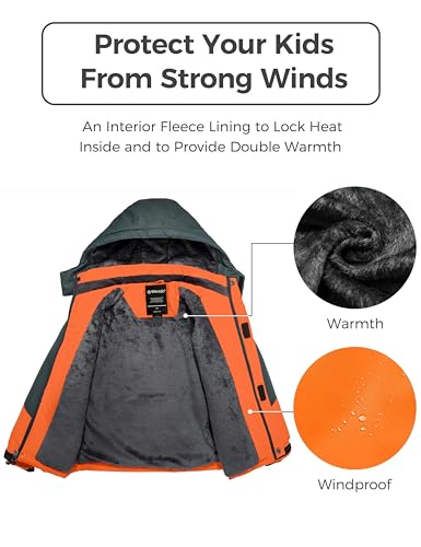 Wantdo Boy's Waterproof Ski Jacket Fleece Snowboarding Jackets Warm Thick Winter Coat Hooded Raincoats - color: Orange, size: 10-12