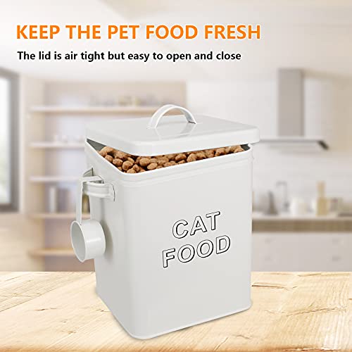 Pethiy Cat Food and Treats Containers Set with Scoop for Cats or Dogs -Tight Fitting Wood Lids - Coated Carbon Steel - Storage Canister Tins-Cat-White - color: White(CAT FOOD)
