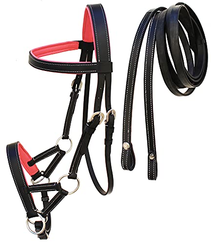 CHALLENGER Horse Western Brown Leather Training Tack Bitless Sidepull Bridle Reins 7711 - color: Black/Pink, size: Full