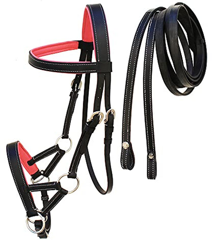 CHALLENGER Horse Western Brown Leather Training Tack Bitless Sidepull Bridle Reins 7711 - color: Black/Pink, size: Full