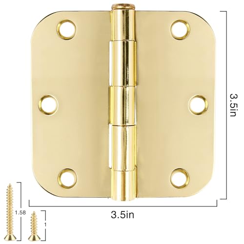 TDCHINGES Rounded Door Hinges 3.5" X 3 1/2 Inch Polished Brass 5/8" 6 Pack - color: Polished Brass-Rounded, size: 6 Pack-no squeak