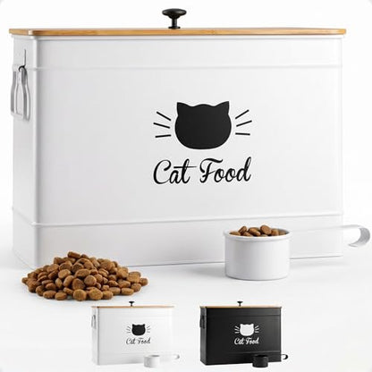 Metal Cat Food Container with Scoop, 15lb (50 Cup) w/ Airtight Bamboo Lid - color: White