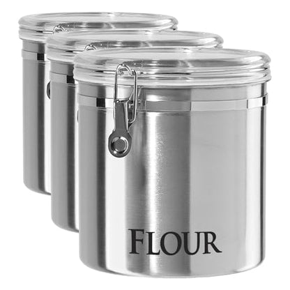 Oggi Jumbo 8" Stainless Steel Flour Clamp Canister - Airtight Food Storage Container Ideal for Kitchen & Pantry Storage of Flour or other Bulk, Dry Foods. (Pack of 3) - size: 8-Inch (Pack of 3), style: Flour Canister