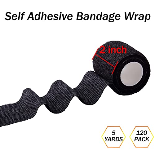 BQTQ 120 Rolls Elastic Adhesive Tape 2 Inch Self Adherent Bandages(Black) - color: Black, size: 2 Inch