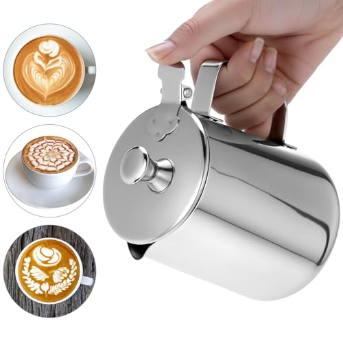 QWORK 600 mL 304 Stainless Steel Coffee Cup, Milk Frothing Pitcher with Lid, Latte Art Steaming Jug with Precision Pour Spout and Ergonomic Handle for Espresso Cappuccino Coffee