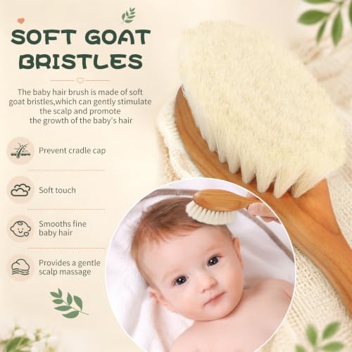 Wooden Baby Hair Brush, No Chemical Painting Infant Hair Brush | All Natural & Safe, Cherry Wood, Soft Goat Bristles, Wood Wax Oil, Prevent Cradle Cap, Exquisite Gift for New Parents
