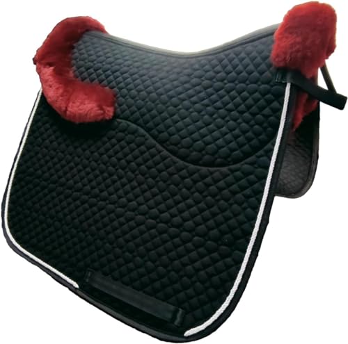 Woolous Dressage Saddle Pad, English Saddle Pad with Sheepskin Trim, Lambskin Wool Fleece Lining, Square Saddle Pad for Equestrian Riding, Comfortable & Shock Absorbing - color: Black/Red