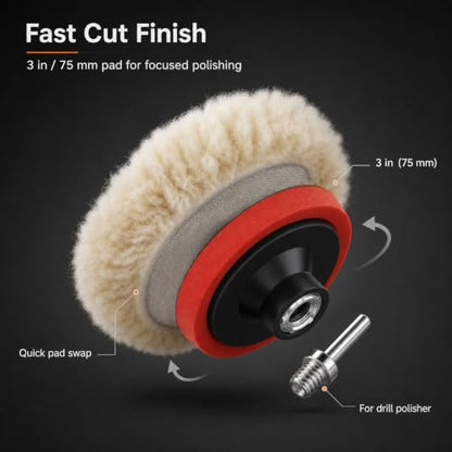 QWORK Wool Polishing Pad Set, 5PCS 3 Inch 75mm Buffing Pads with Hook and Loop Backing Pad & Extension Shank for Drill Polisher, Car Paint Scratch Oxidation Removal