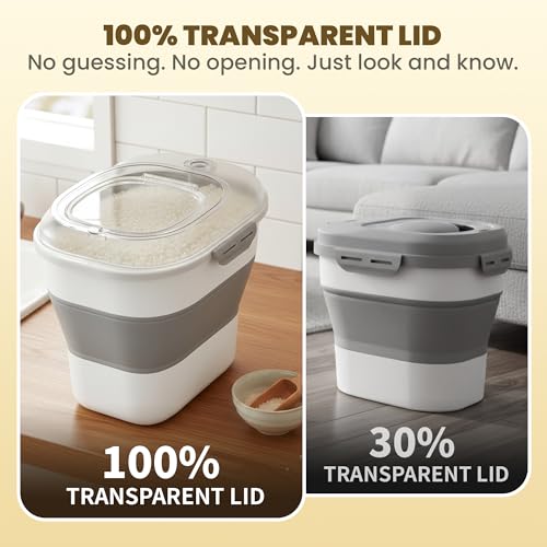 HOYTAMDAR 50Lbs Collapsible Rice Container,Airtight Food Storage container | Rice Storage Container with Clear Lid,Wheel,Date Tracker,2pcs Bins&Measuring Scoop,Rice Dispenser for Pet Food Rice Flour - color: Clear/50lbs