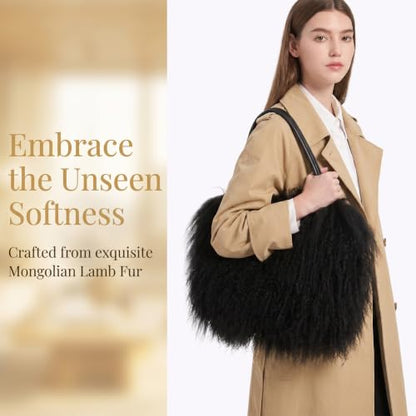Women Luxury Real Curly Mongolian Lamb Fur Purse - color: Black