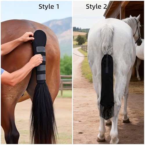 Horse Tail Wrap Protector & 2 Bags with Fringe, Adjustable Non-Slip Tail Guard for Trailers, Stalls, Shows, Black