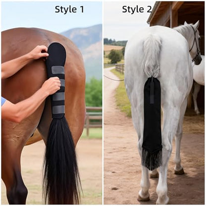 Horse Tail Wrap Protector & 2 Bags with Fringe, Adjustable Non-Slip Tail Guard for Trailers, Stalls, Shows, Black