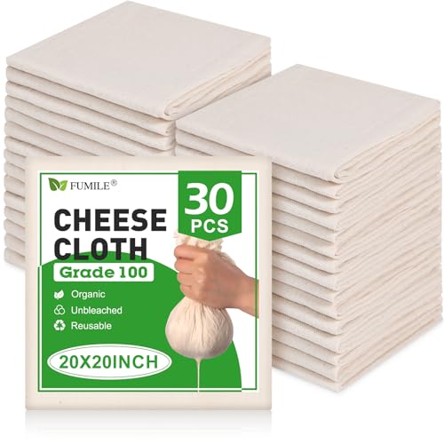 30 PCS Reusable Cheese Cloths for Straining, 20x20 Inch, Organic Cotton Cheese Cloths Unbleached,Cheese Cloth Reusable With Hemmed Edge for Straining Liquid,Cheese Making,Juicing,Baking,Cooking Turkey