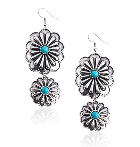 Montana West Rustic Couture's Western Concho Dangle Drop Earrings for Women - color: H-Turquoise